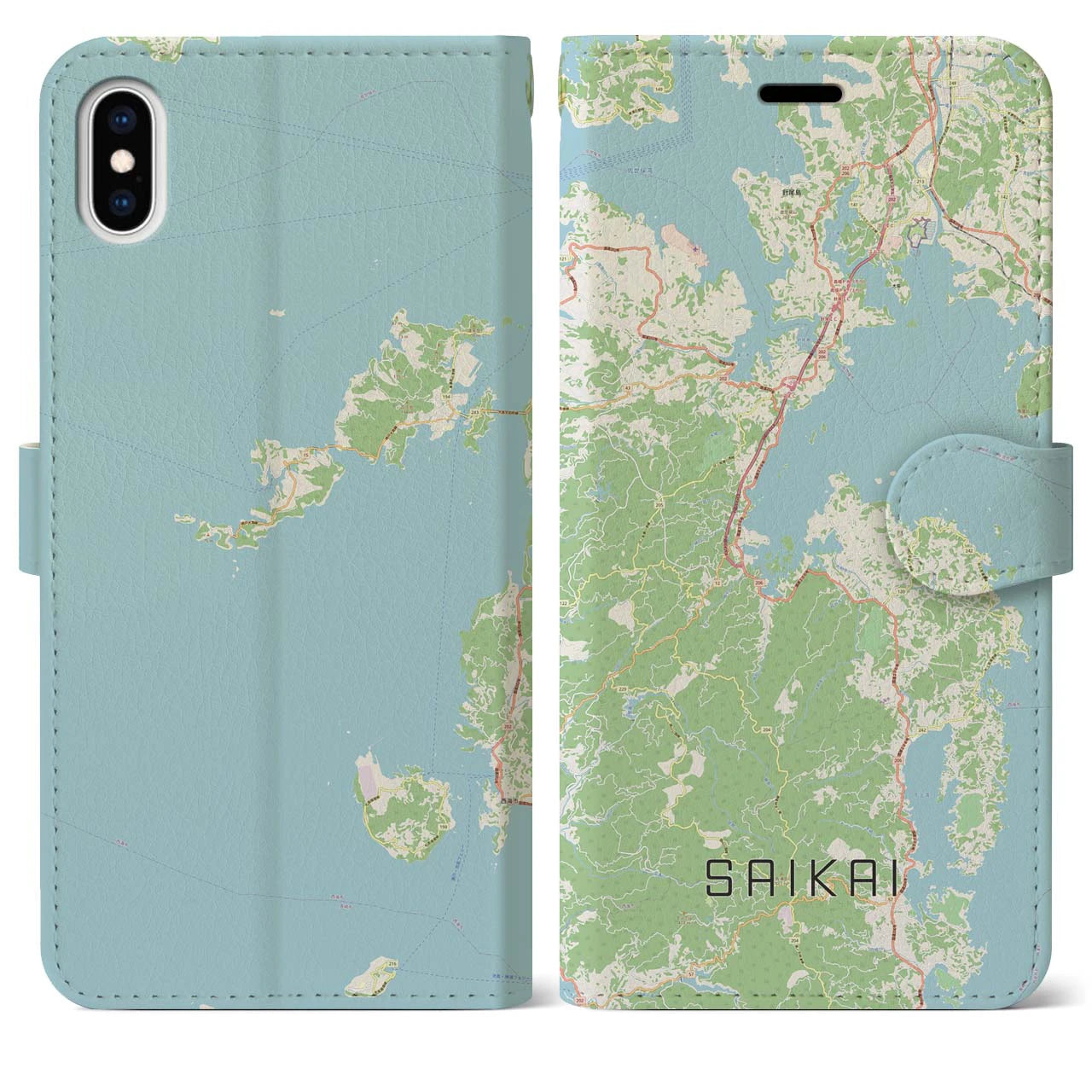 【西海(長崎県)】地図柄iPhoneケース(手帳タイプ)ナチュラル・iPhone XS Max 用