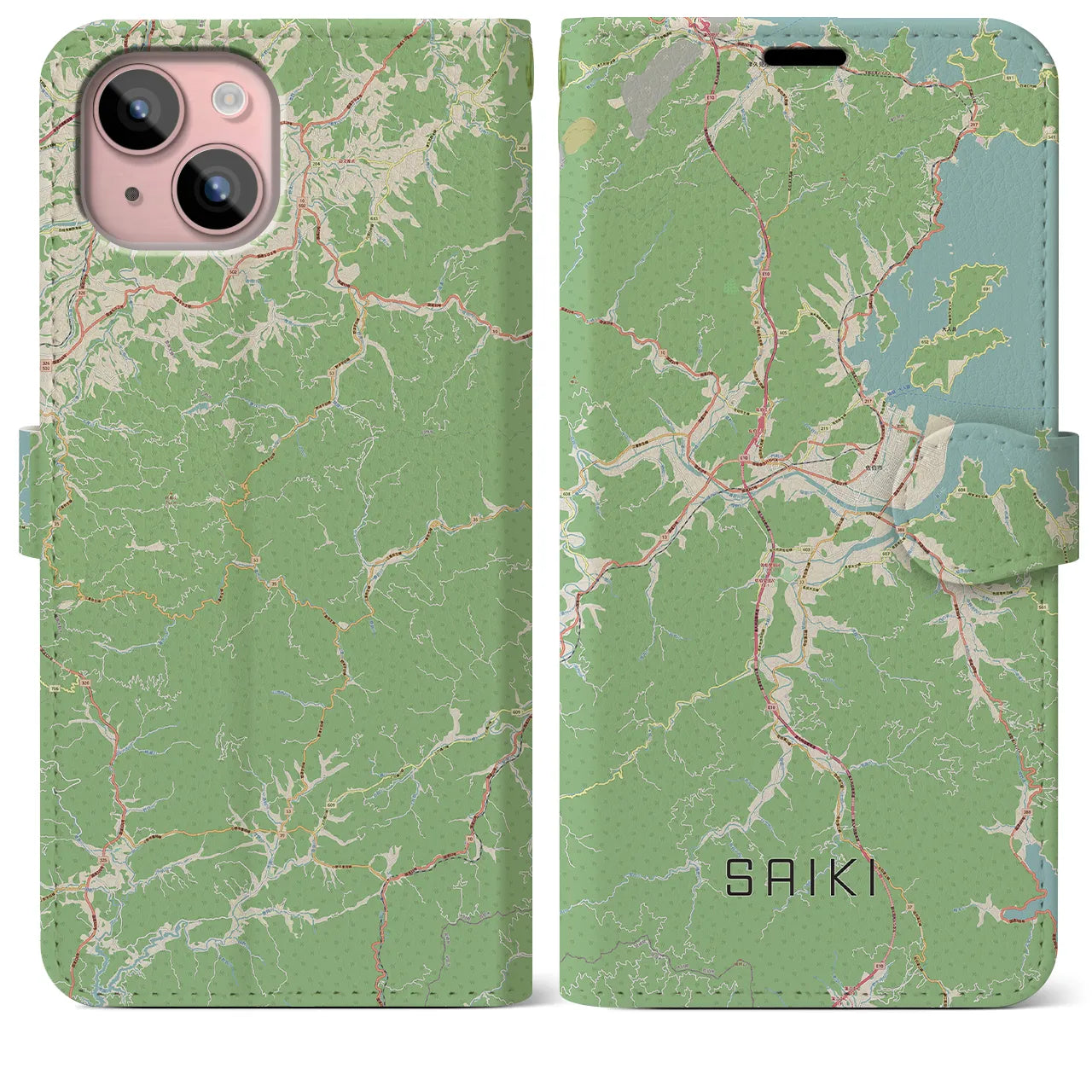 【佐伯(大分県)】地図柄iPhoneケース(手帳タイプ)ナチュラル・iPhone 15 Plus 用