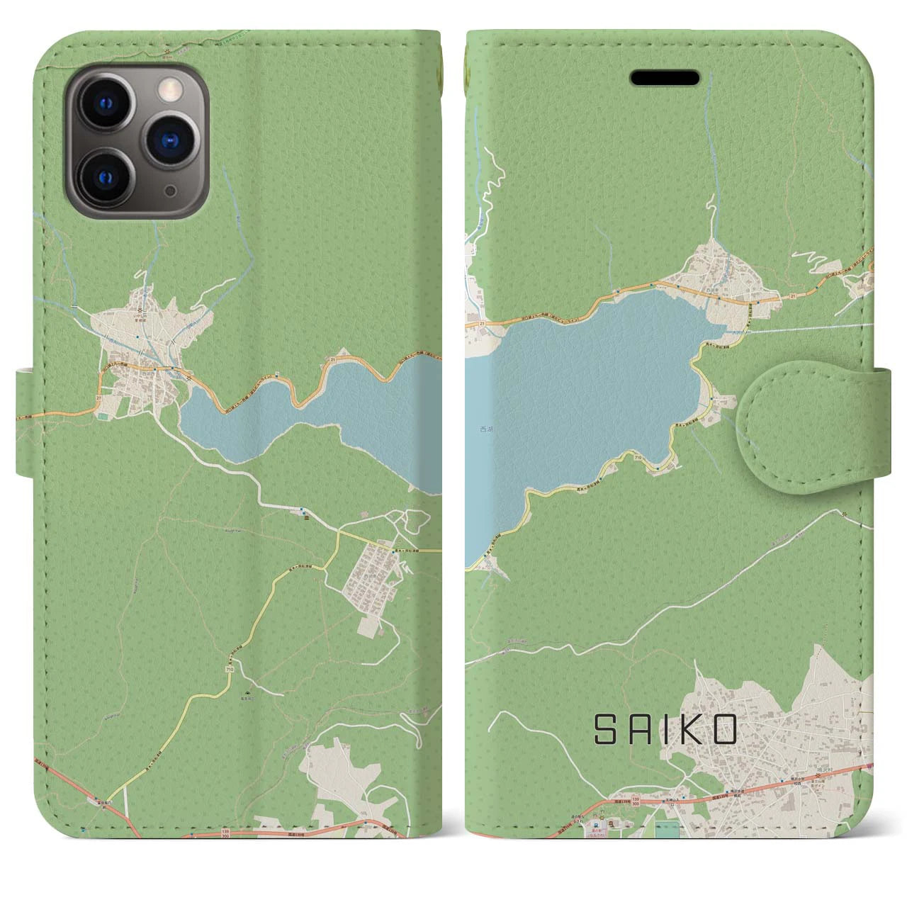 【西湖(山梨県)】地図柄iPhoneケース(手帳タイプ)ナチュラル・iPhone 11 Pro Max 用