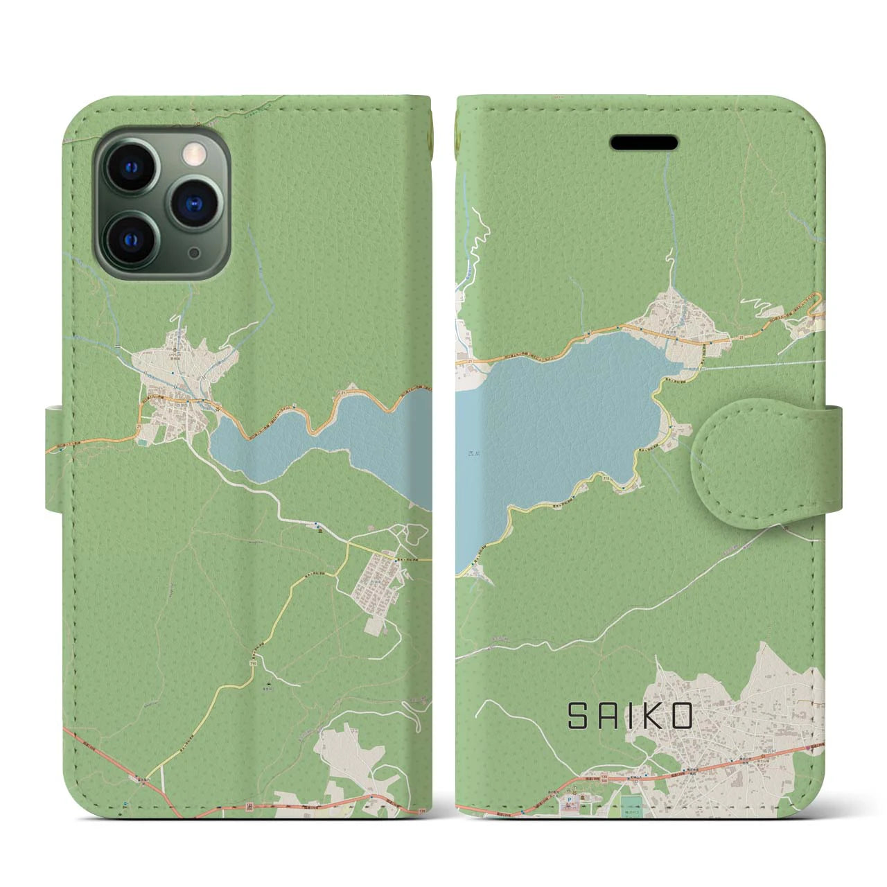 【西湖(山梨県)】地図柄iPhoneケース(手帳タイプ)ナチュラル・iPhone 11 Pro 用