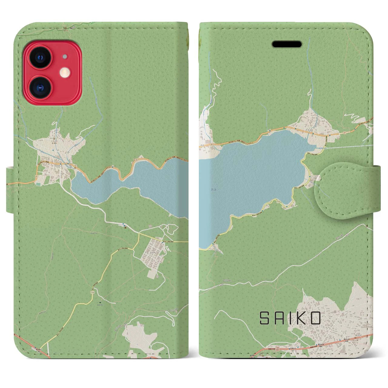 【西湖(山梨県)】地図柄iPhoneケース(手帳タイプ)ナチュラル・iPhone 11 用