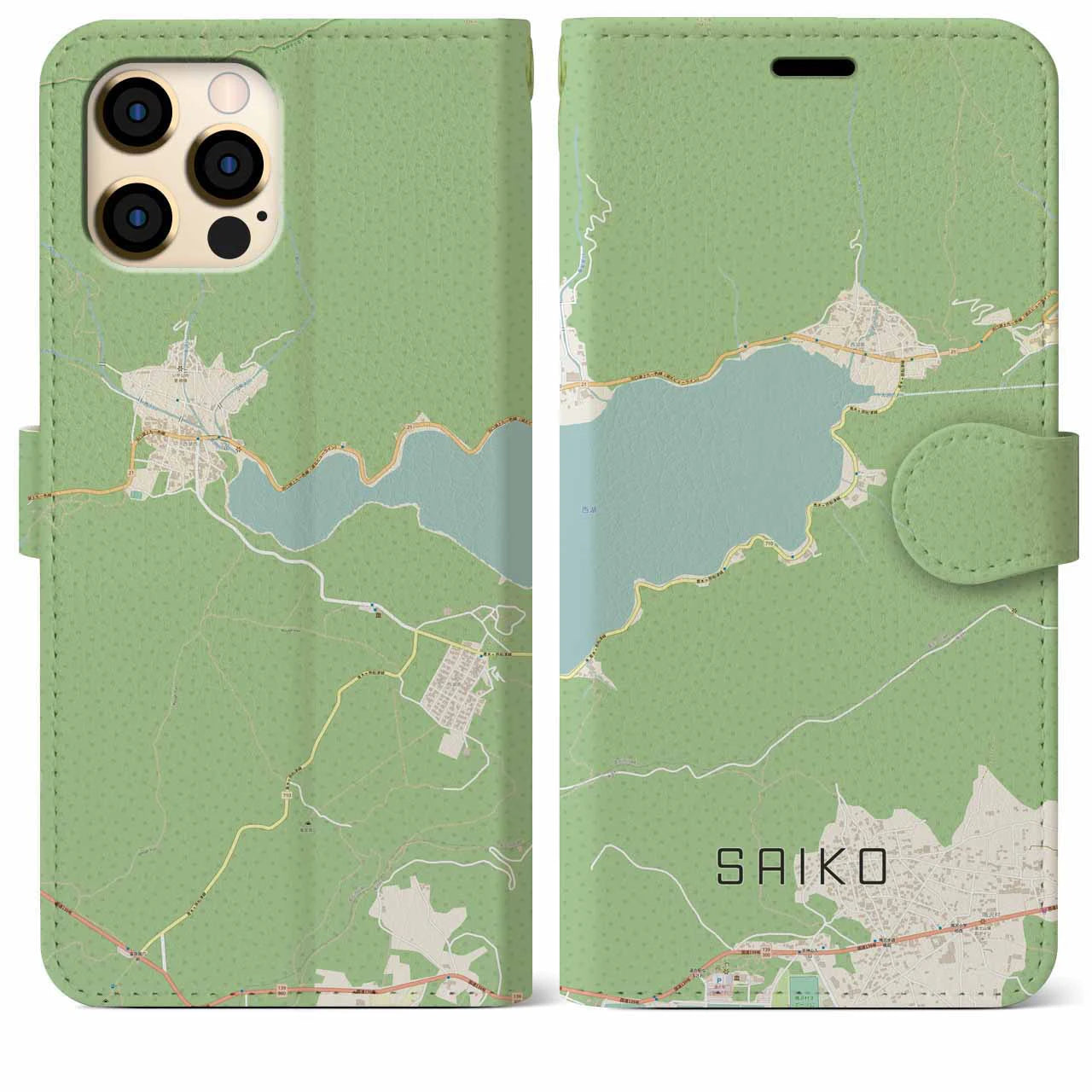【西湖(山梨県)】地図柄iPhoneケース(手帳タイプ)ナチュラル・iPhone 12 Pro Max 用