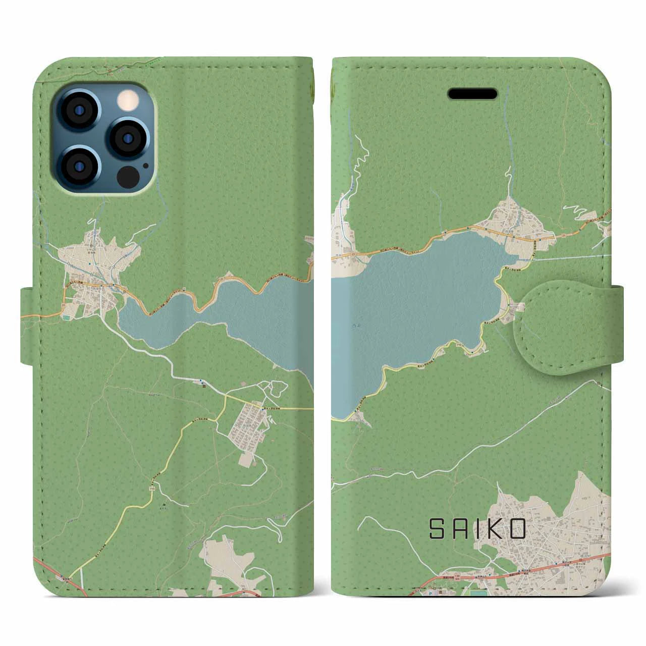 【西湖(山梨県)】地図柄iPhoneケース(手帳タイプ)ナチュラル・iPhone 12 / 12 Pro 用