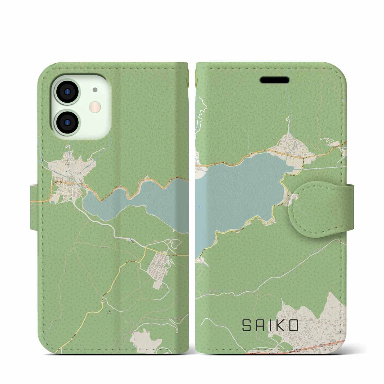 【西湖(山梨県)】地図柄iPhoneケース(手帳タイプ)ナチュラル・iPhone 12 mini 用