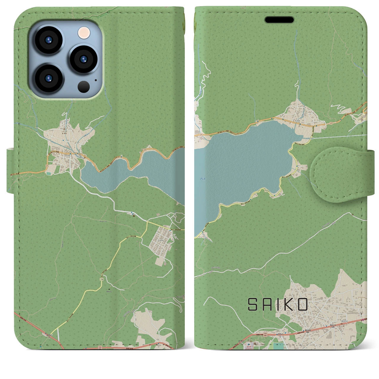【西湖(山梨県)】地図柄iPhoneケース(手帳タイプ)ナチュラル・iPhone 13 Pro Max 用