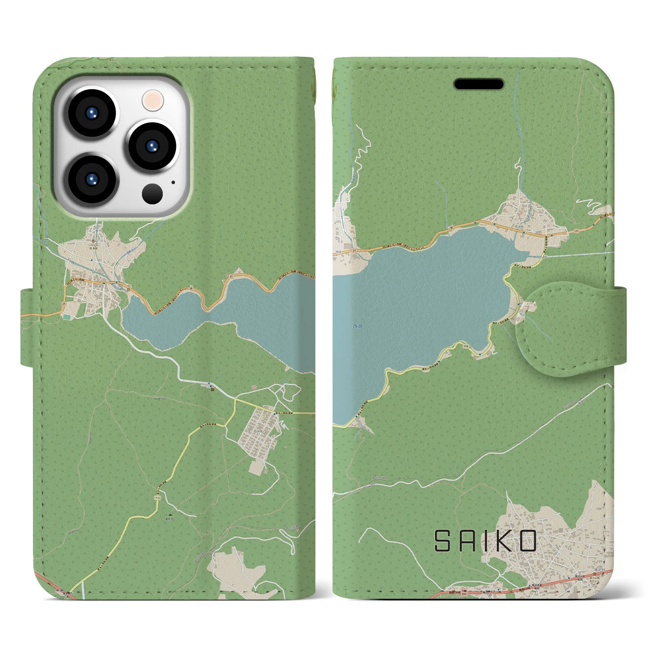【西湖(山梨県)】地図柄iPhoneケース(手帳タイプ)ナチュラル・iPhone 13 Pro 用