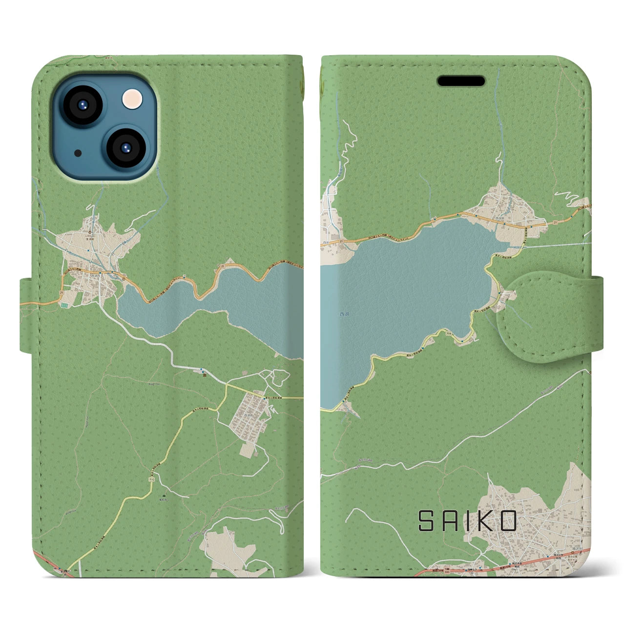 【西湖(山梨県)】地図柄iPhoneケース(手帳タイプ)ナチュラル・iPhone 13 用