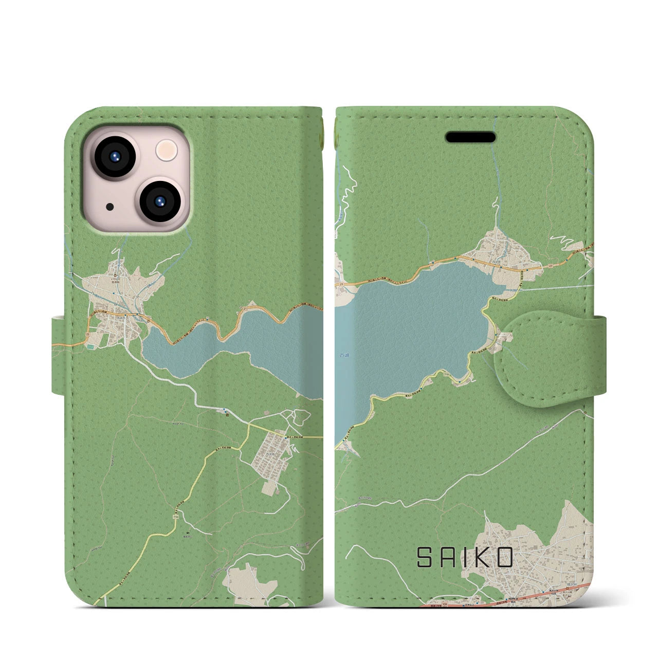 【西湖(山梨県)】地図柄iPhoneケース(手帳タイプ)ナチュラル・iPhone 13 mini 用