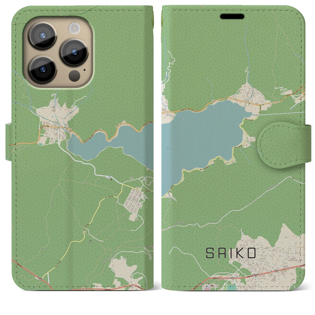 【西湖(山梨県)】地図柄iPhoneケース(手帳タイプ)ナチュラル・iPhone 14 Pro Max 用