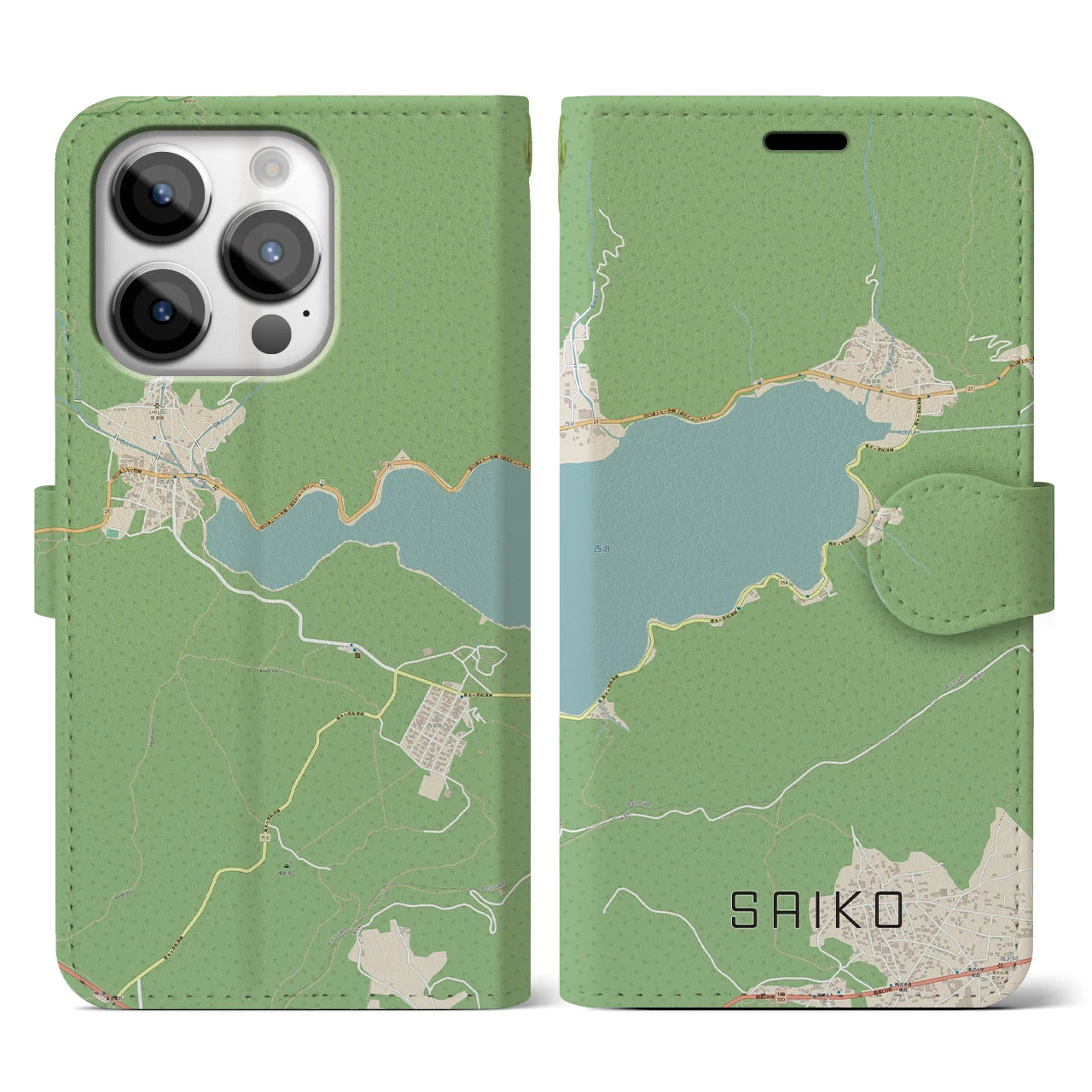 【西湖(山梨県)】地図柄iPhoneケース(手帳タイプ)ナチュラル・iPhone 14 Pro 用