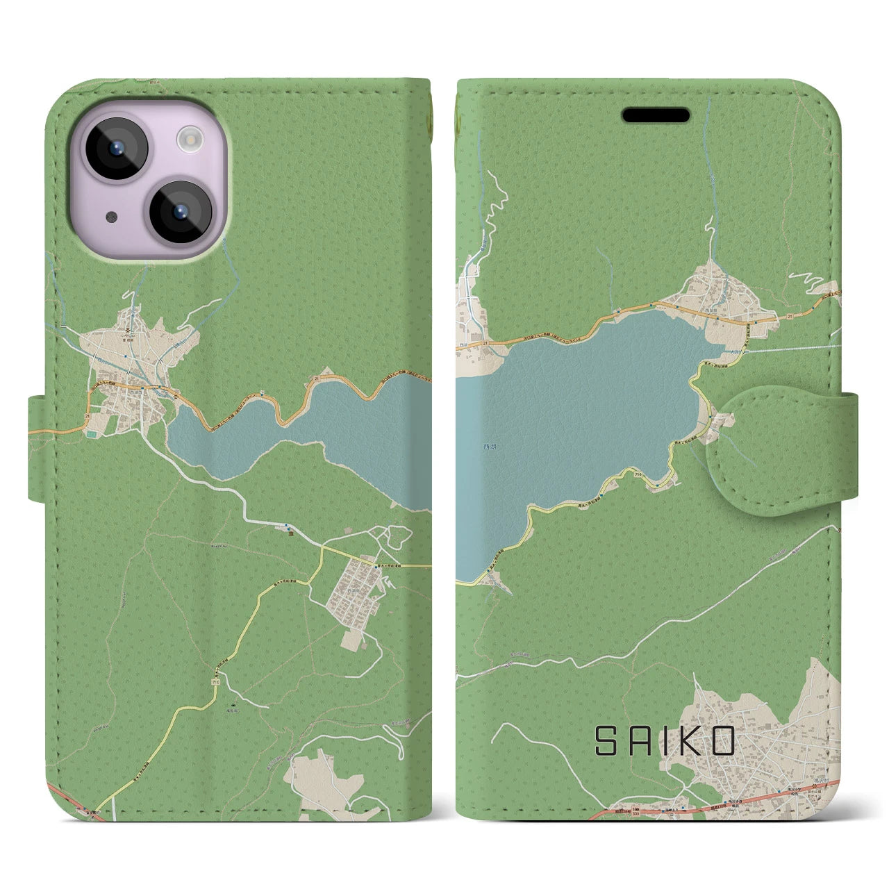 【西湖(山梨県)】地図柄iPhoneケース(手帳タイプ)ナチュラル・iPhone 14 用