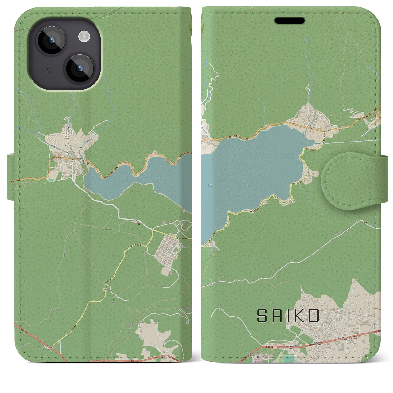 【西湖(山梨県)】地図柄iPhoneケース(手帳タイプ)ナチュラル・iPhone 14 Plus 用
