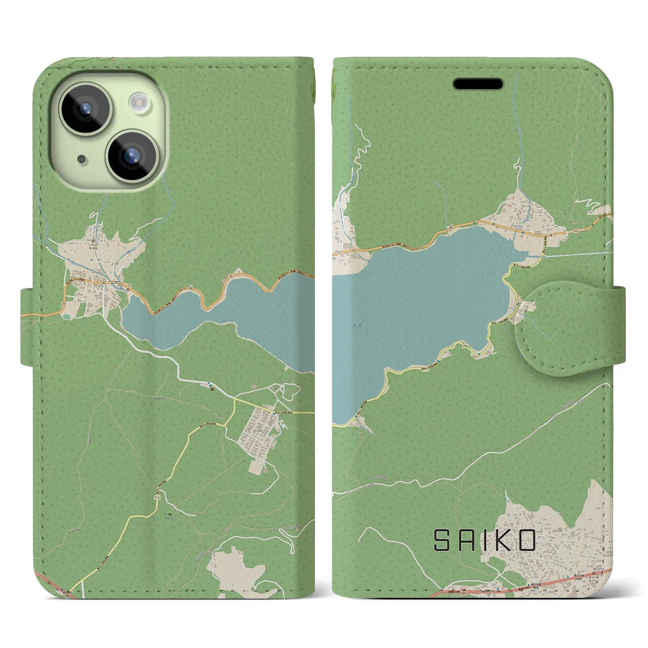 【西湖(山梨県)】地図柄iPhoneケース(手帳タイプ)ナチュラル・iPhone 15 用
