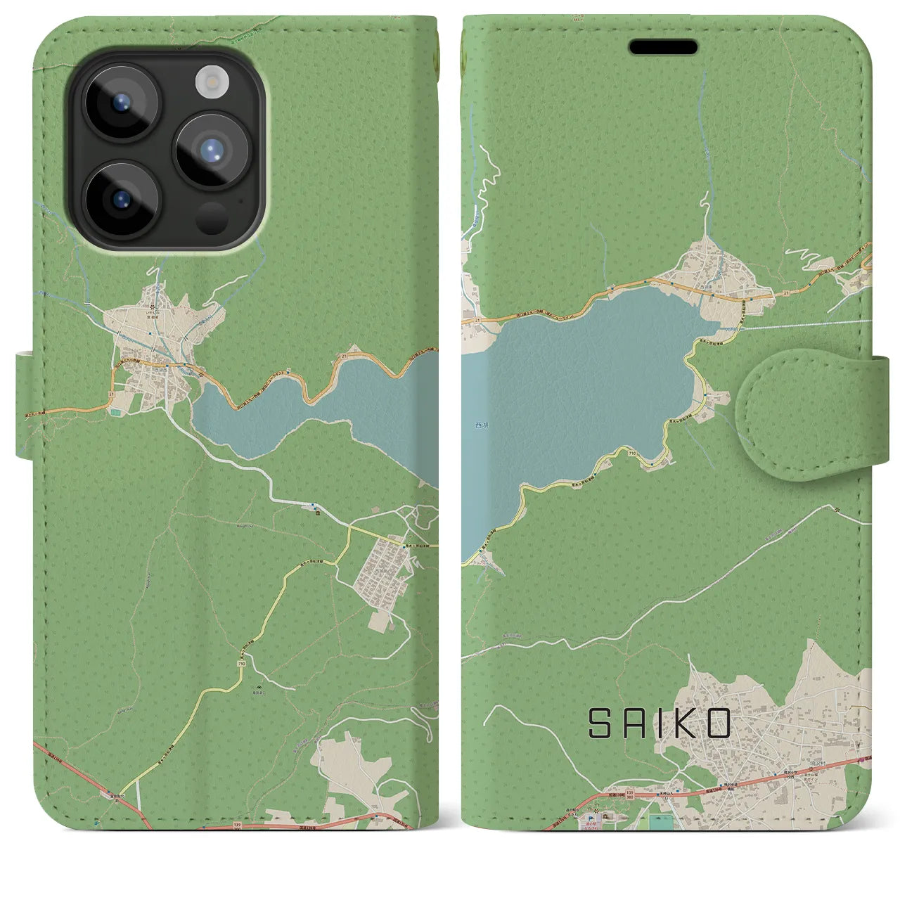 【西湖(山梨県)】地図柄iPhoneケース(手帳タイプ)ナチュラル・iPhone 15 Pro Max 用