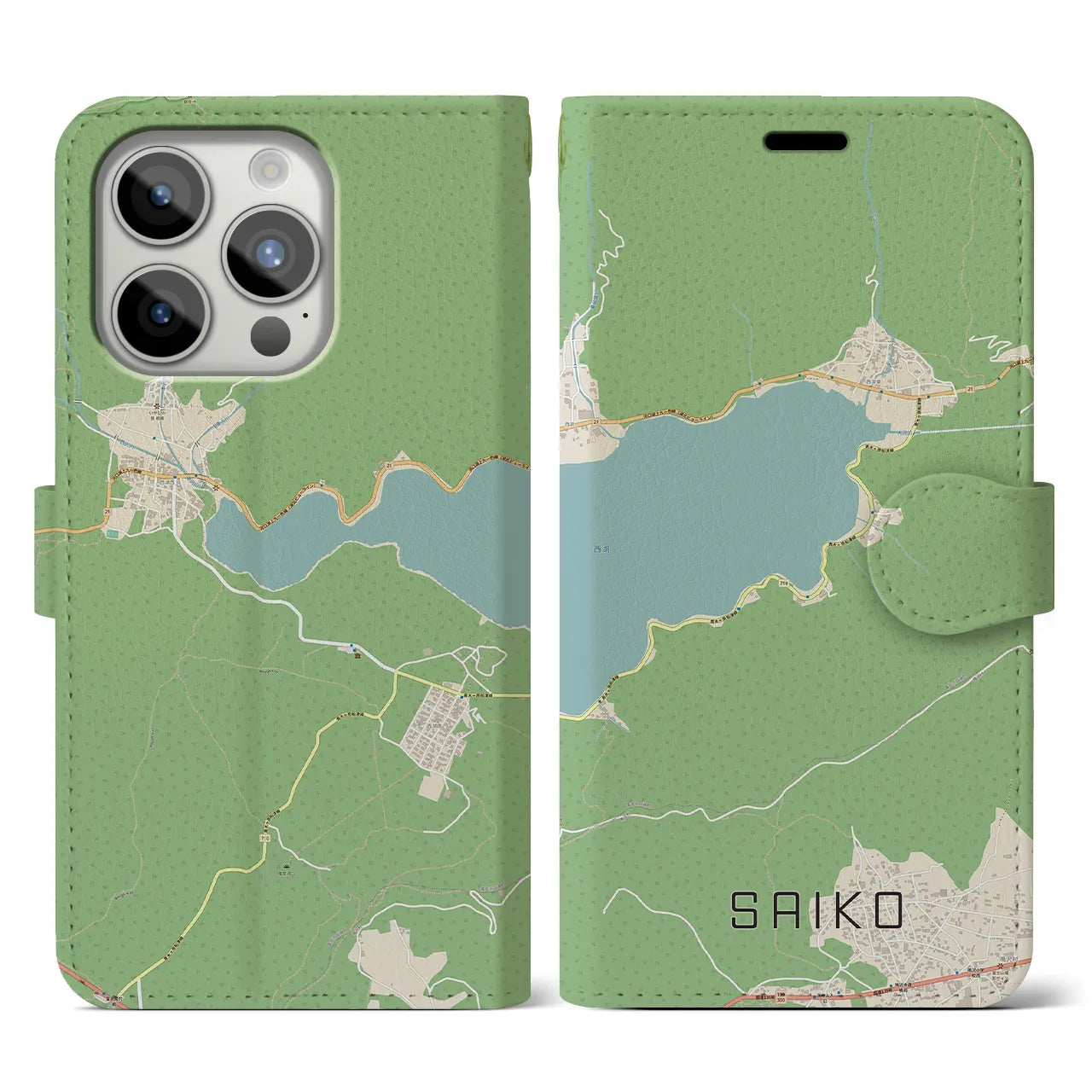 【西湖(山梨県)】地図柄iPhoneケース(手帳タイプ)ナチュラル・iPhone 15 Pro 用