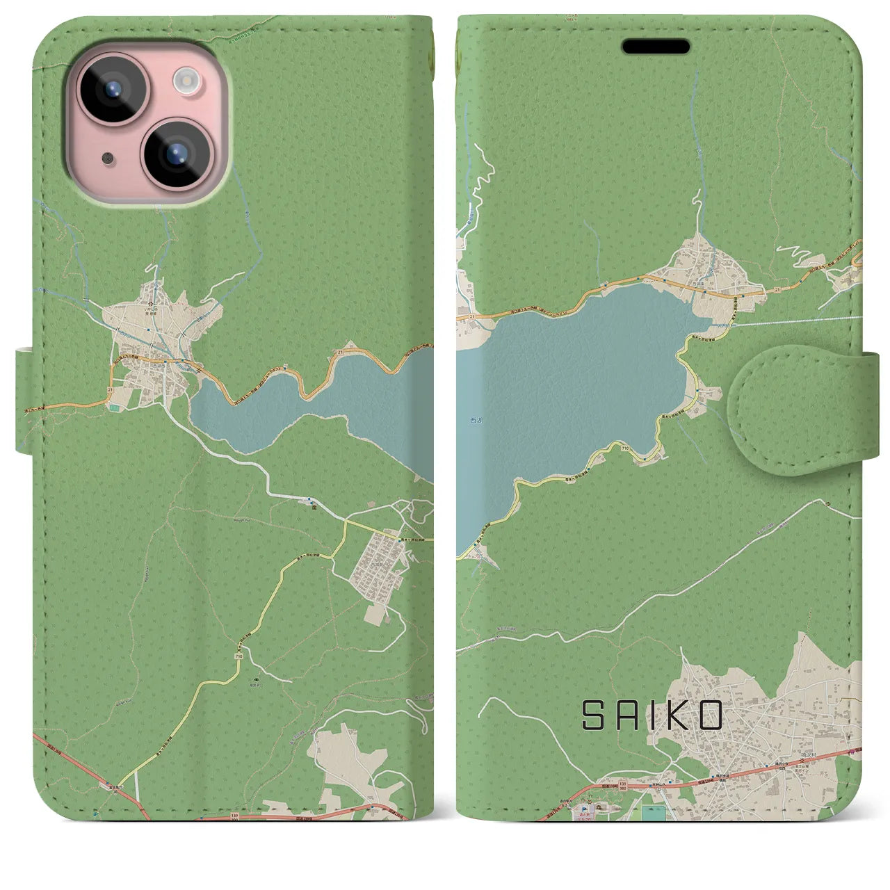 【西湖(山梨県)】地図柄iPhoneケース(手帳タイプ)ナチュラル・iPhone 15 Plus 用