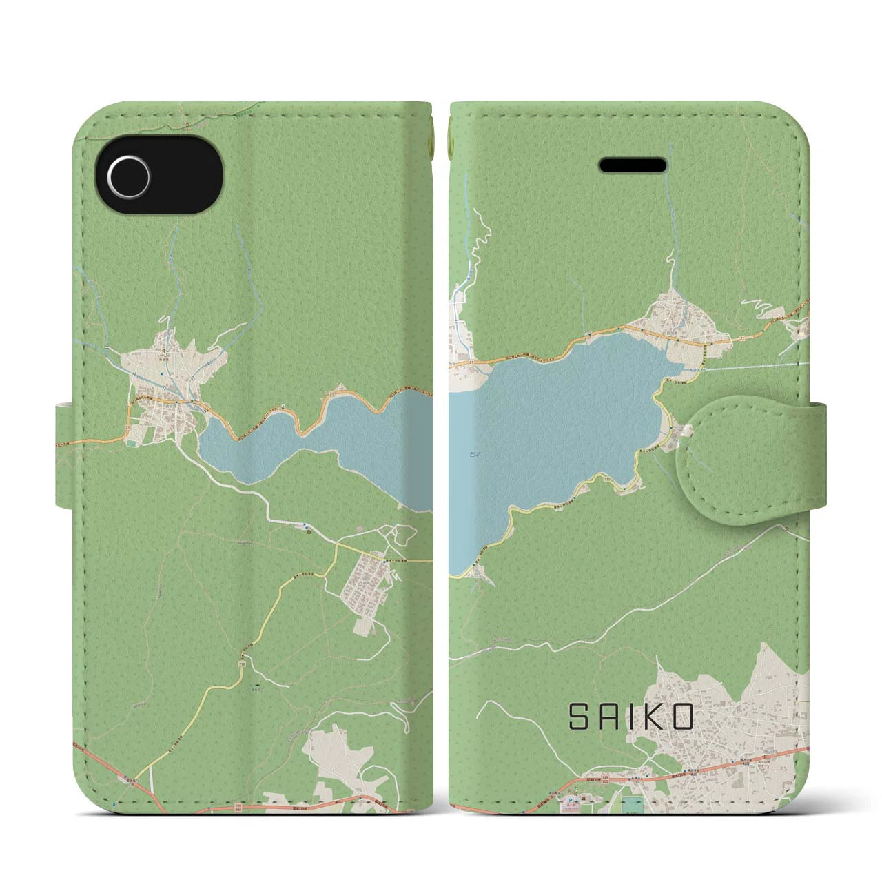 【西湖(山梨県)】地図柄iPhoneケース(手帳タイプ)ナチュラル・iPhone SE(第3 / 第2世代) / 8 / 7 / 6s / 6 用