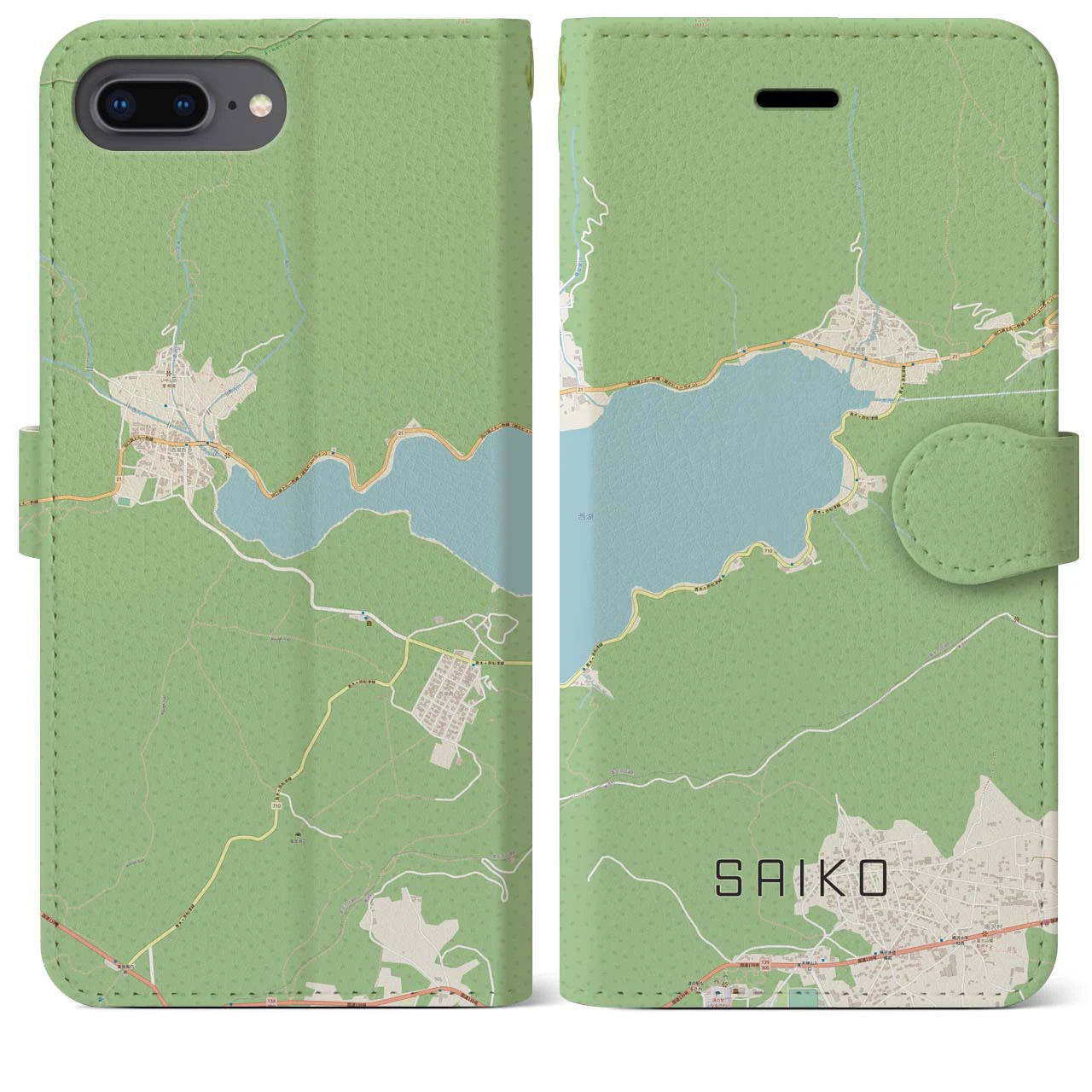 【西湖(山梨県)】地図柄iPhoneケース(手帳タイプ)ナチュラル・iPhone 8Plus /7Plus / 6sPlus / 6Plus 用
