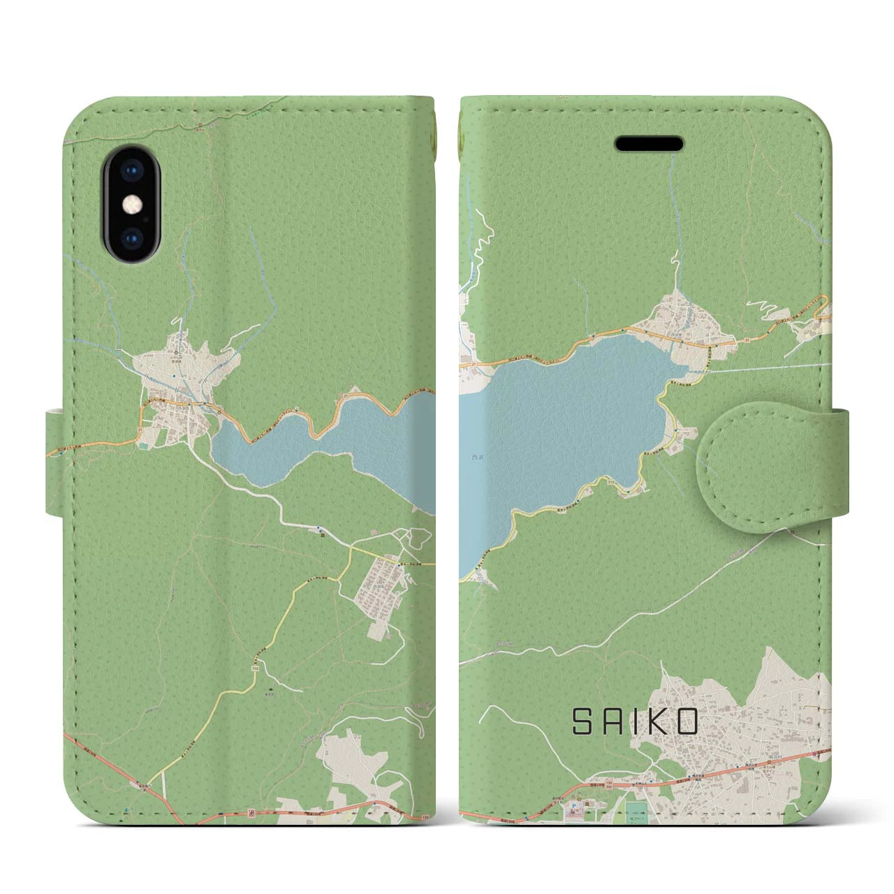 【西湖(山梨県)】地図柄iPhoneケース(手帳タイプ)ナチュラル・iPhone XS / X 用