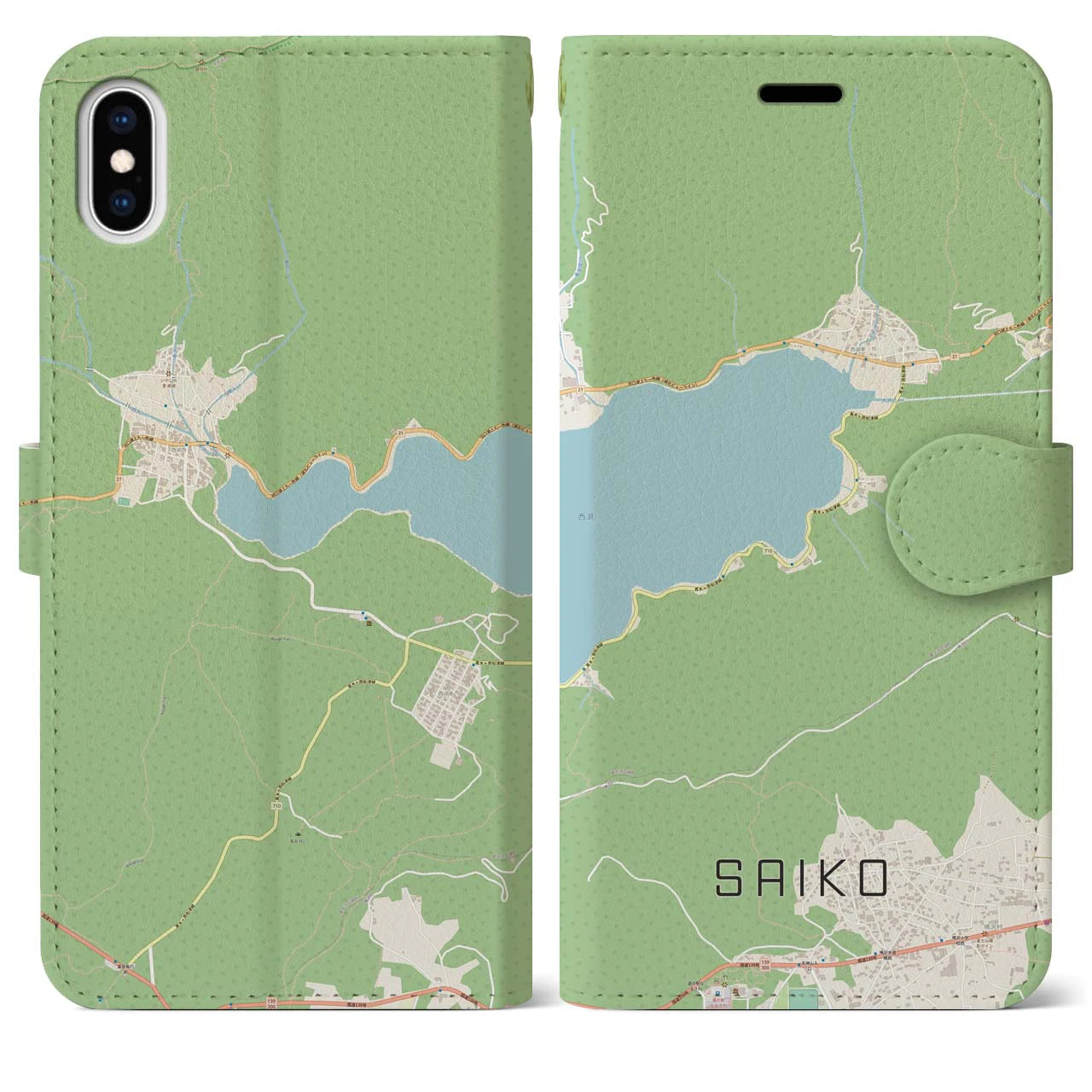 【西湖(山梨県)】地図柄iPhoneケース(手帳タイプ)ナチュラル・iPhone XS Max 用