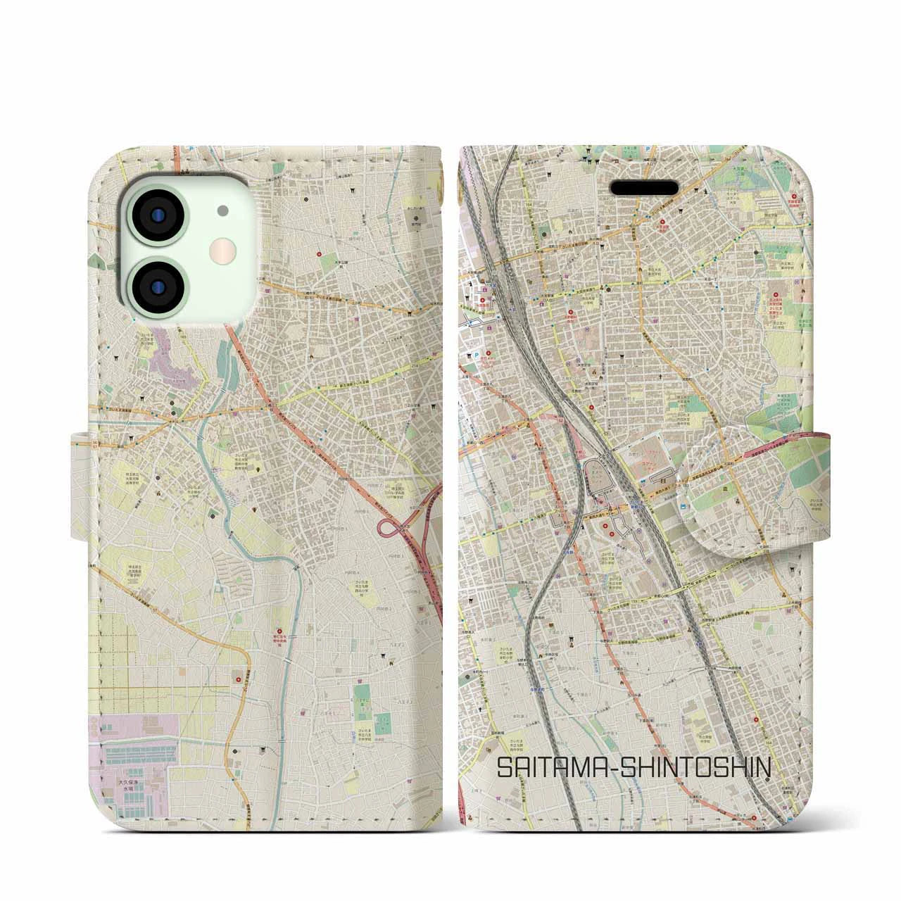 【さいたま新都心(埼玉県)】地図柄iPhoneケース(手帳タイプ)ナチュラル・iPhone 12 mini 用