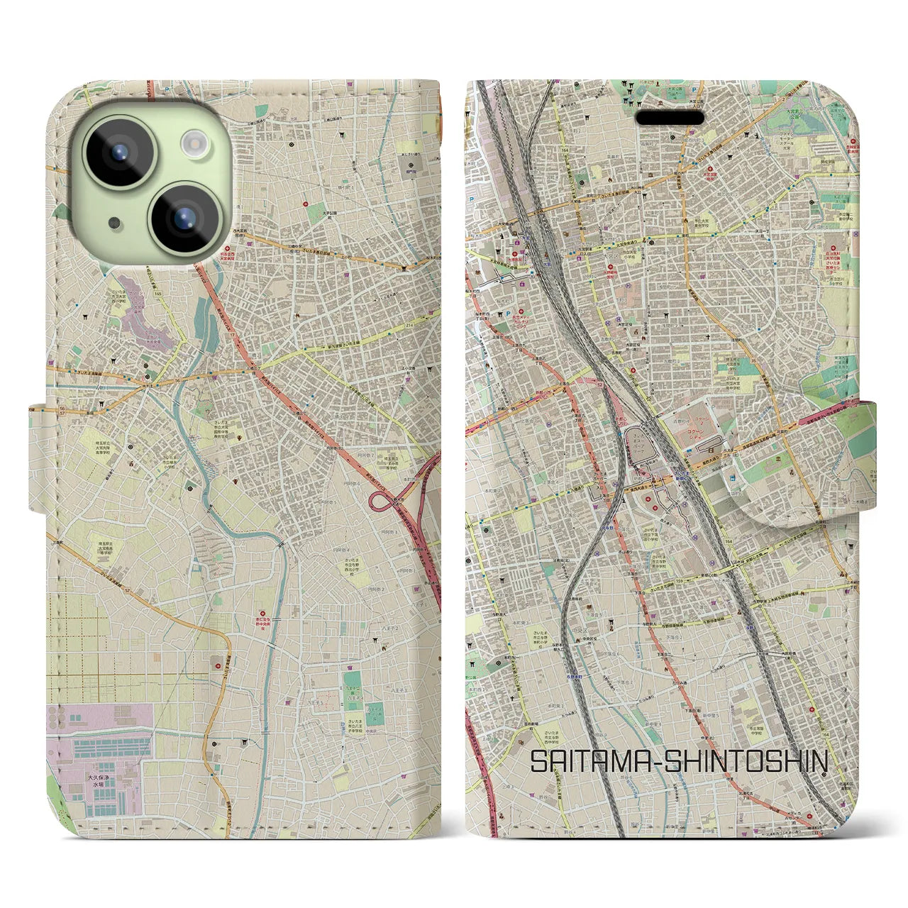 【さいたま新都心(埼玉県)】地図柄iPhoneケース(手帳タイプ)ナチュラル・iPhone 15 用
