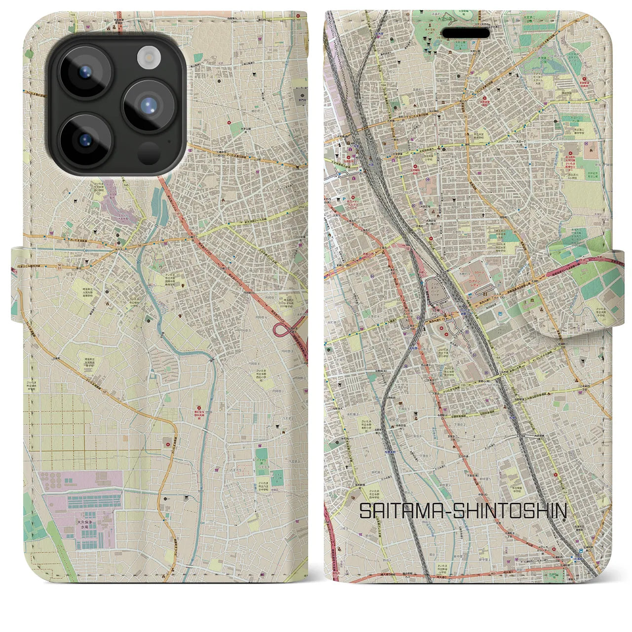 【さいたま新都心(埼玉県)】地図柄iPhoneケース(手帳タイプ)ナチュラル・iPhone 15 Pro Max 用