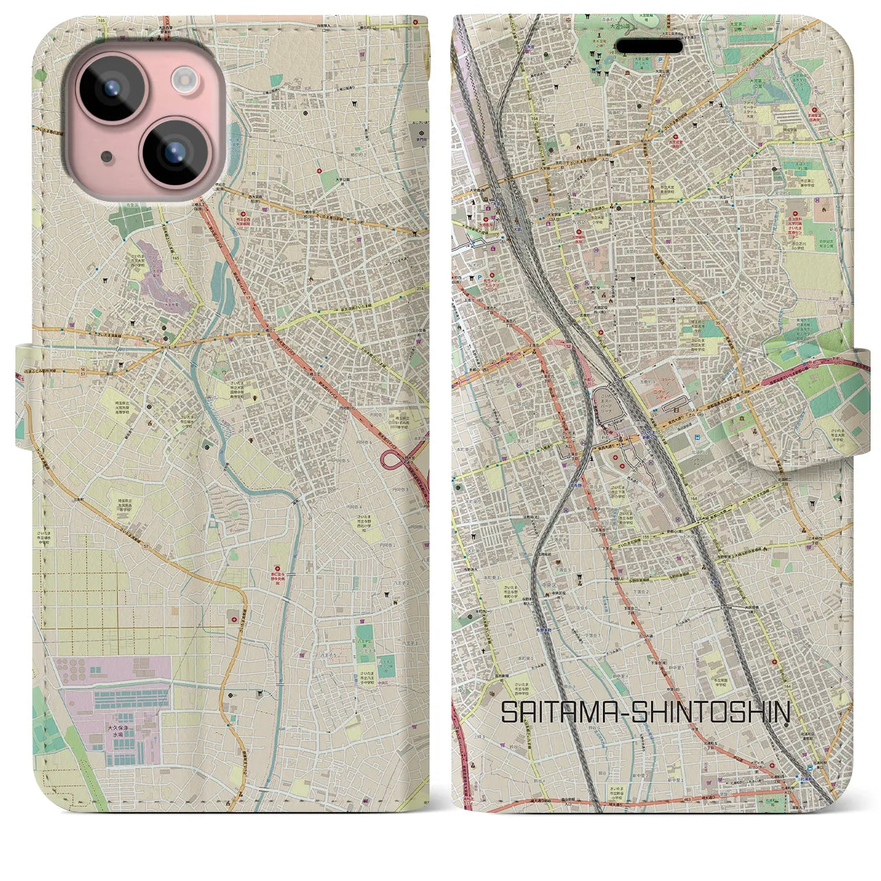 【さいたま新都心(埼玉県)】地図柄iPhoneケース(手帳タイプ)ナチュラル・iPhone 15 Plus 用