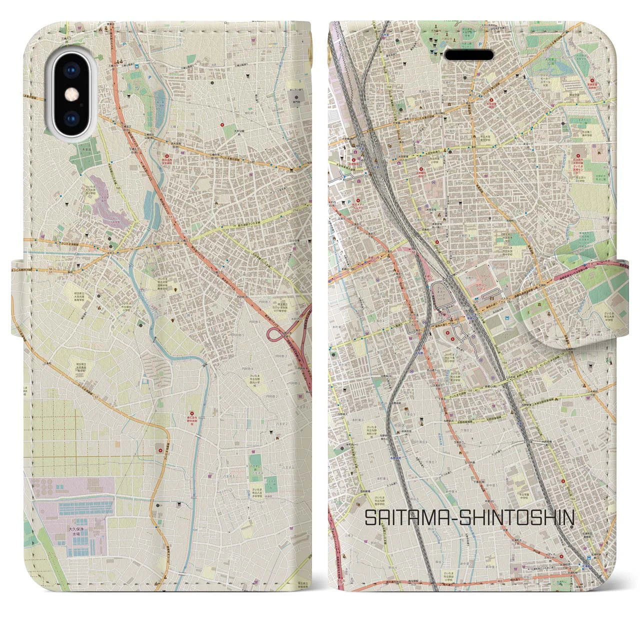 【さいたま新都心(埼玉県)】地図柄iPhoneケース(手帳タイプ)ナチュラル・iPhone XS Max 用