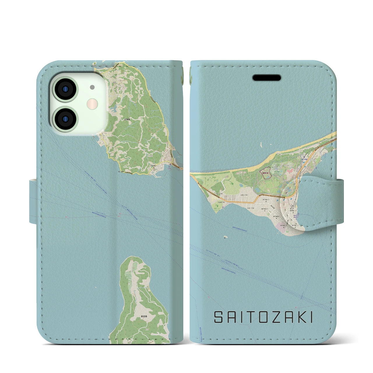 【西戸崎(福岡県)】地図柄iPhoneケース(手帳タイプ)ナチュラル・iPhone 12 mini 用