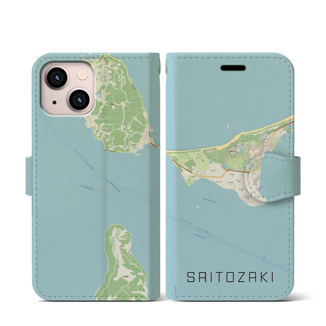 【西戸崎(福岡県)】地図柄iPhoneケース(手帳タイプ)ナチュラル・iPhone 13 mini 用