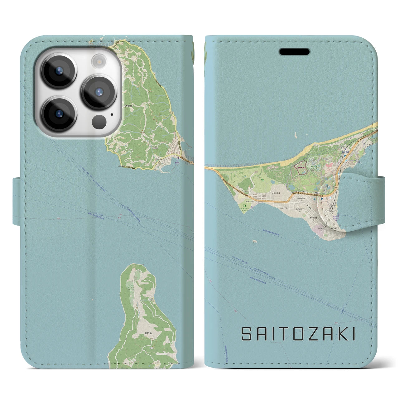 【西戸崎(福岡県)】地図柄iPhoneケース(手帳タイプ)ナチュラル・iPhone 14 Pro 用