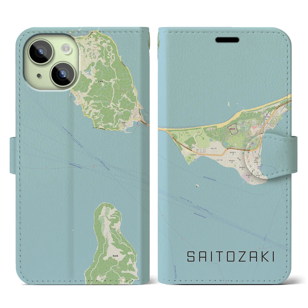 【西戸崎(福岡県)】地図柄iPhoneケース(手帳タイプ)ナチュラル・iPhone 15 用