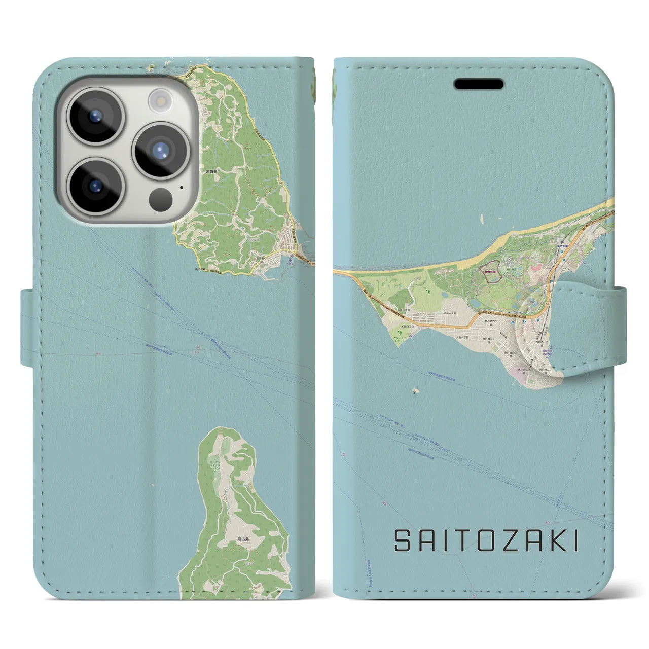 【西戸崎(福岡県)】地図柄iPhoneケース(手帳タイプ)ナチュラル・iPhone 15 Pro 用