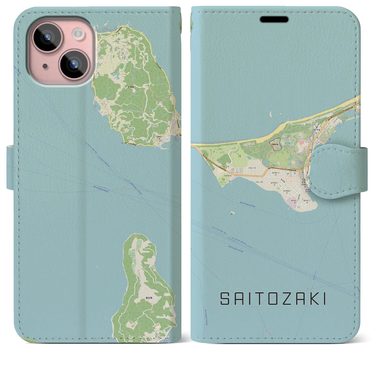 【西戸崎(福岡県)】地図柄iPhoneケース(手帳タイプ)ナチュラル・iPhone 15 Plus 用