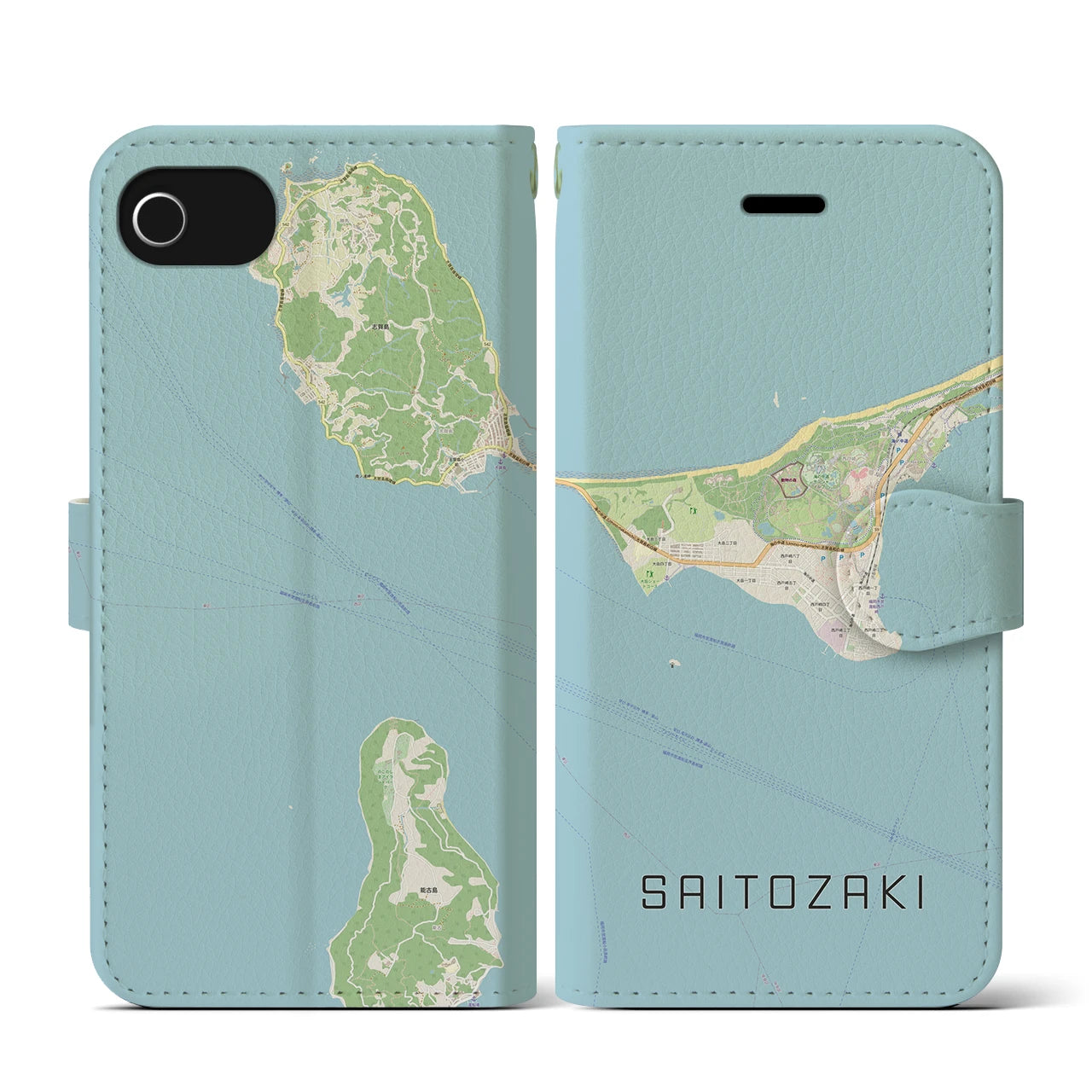 【西戸崎(福岡県)】地図柄iPhoneケース(手帳タイプ)ナチュラル・iPhone SE(第3 / 第2世代) / 8 / 7 / 6s / 6 用