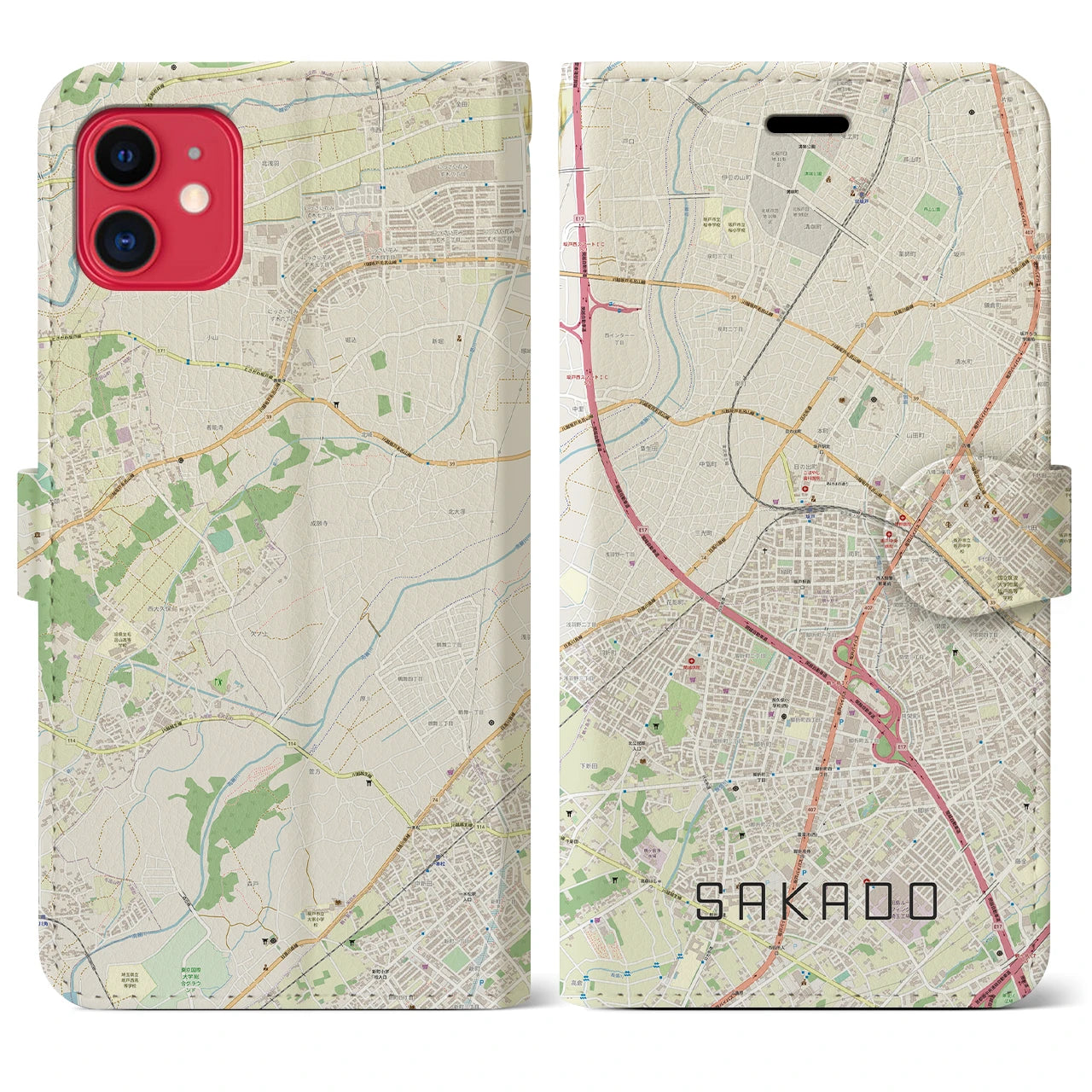 【坂戸(埼玉県)】地図柄iPhoneケース(手帳タイプ)ナチュラル・iPhone 11 用