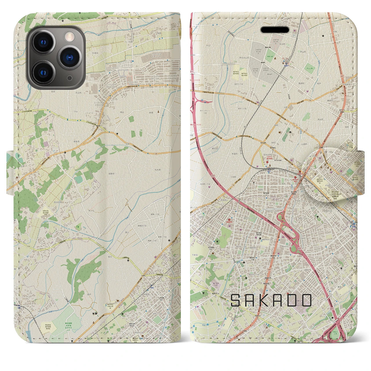 【坂戸(埼玉県)】地図柄iPhoneケース(手帳タイプ)ナチュラル・iPhone 11 Pro Max 用