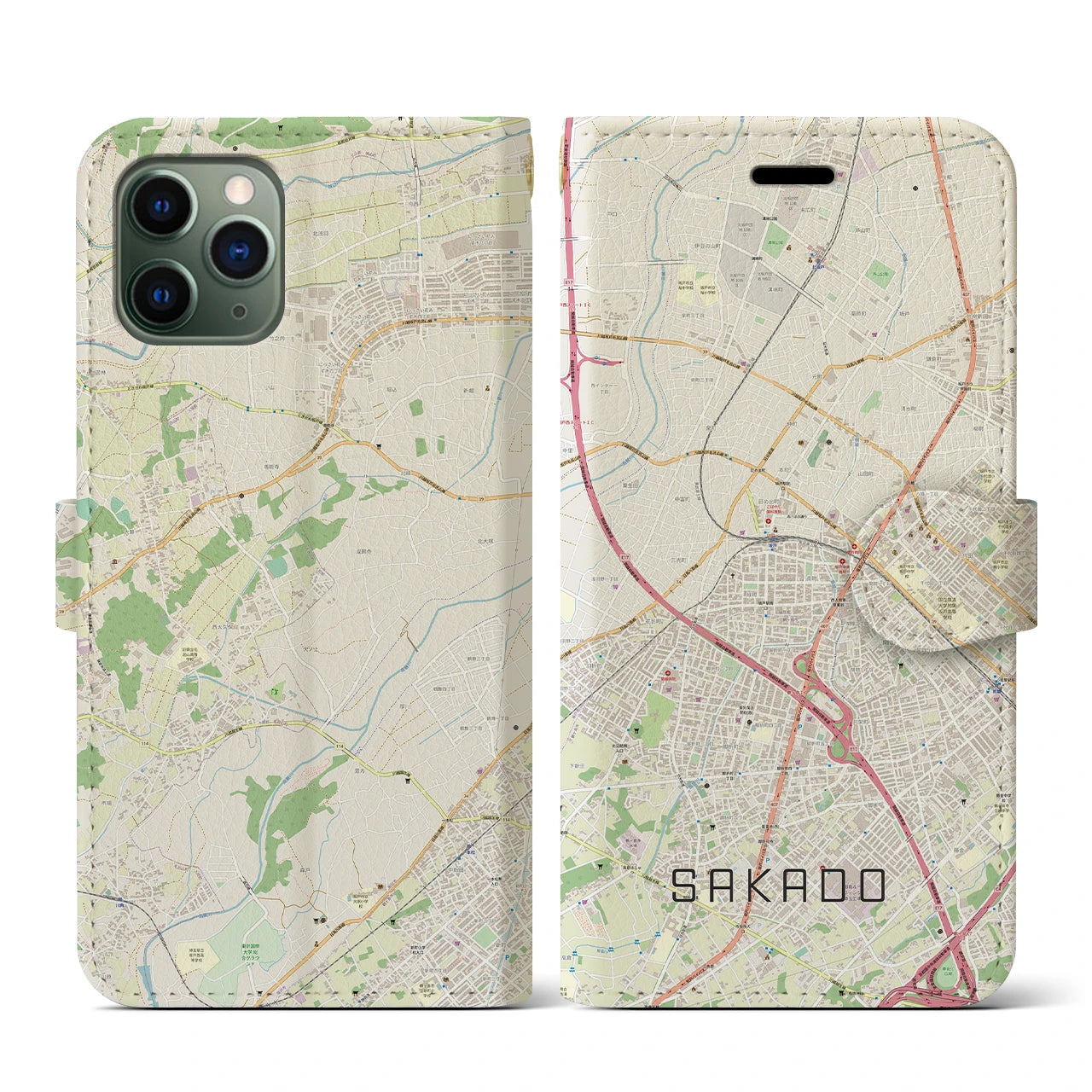 【坂戸(埼玉県)】地図柄iPhoneケース(手帳タイプ)ナチュラル・iPhone 11 Pro 用
