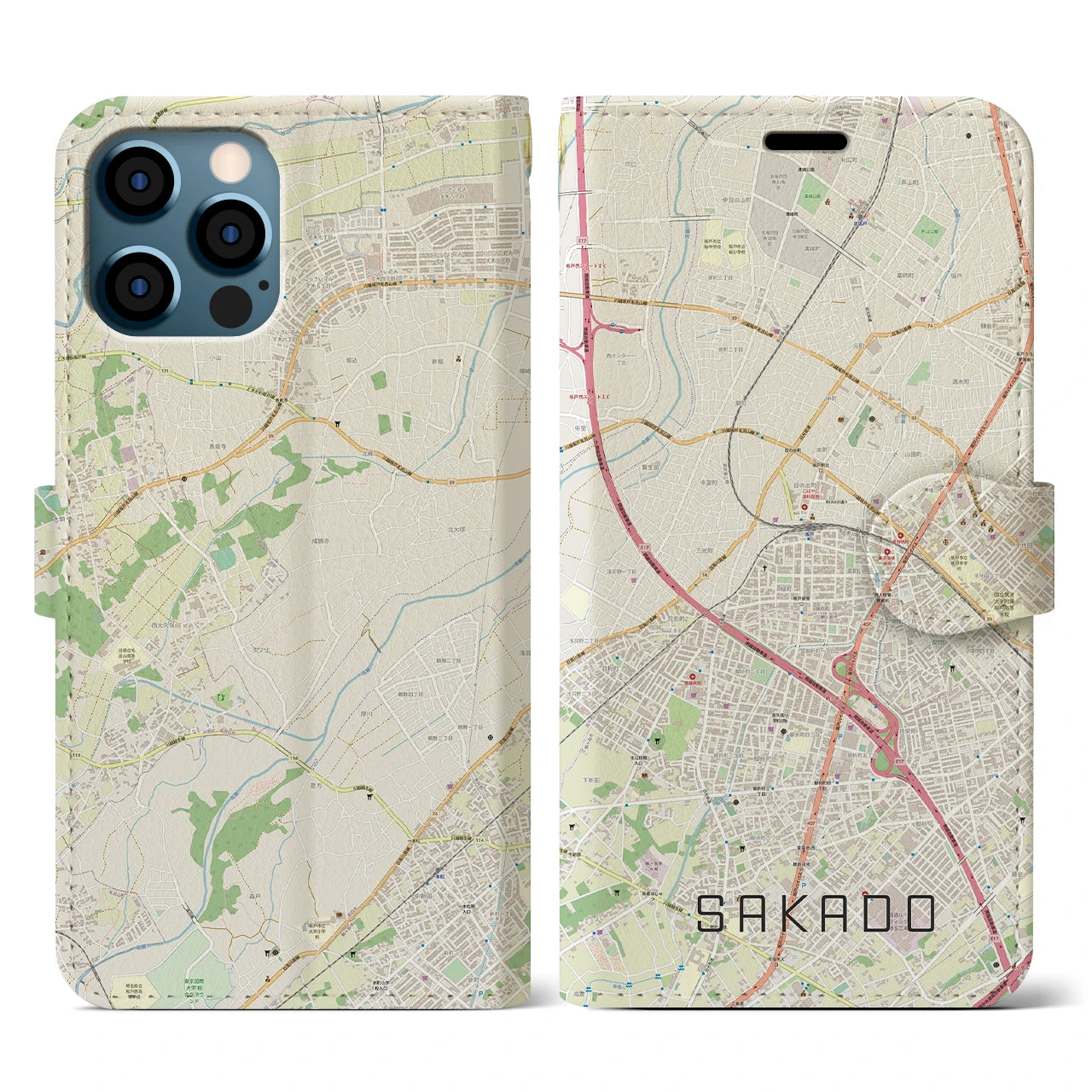 【坂戸(埼玉県)】地図柄iPhoneケース(手帳タイプ)ナチュラル・iPhone 12 / 12 Pro 用