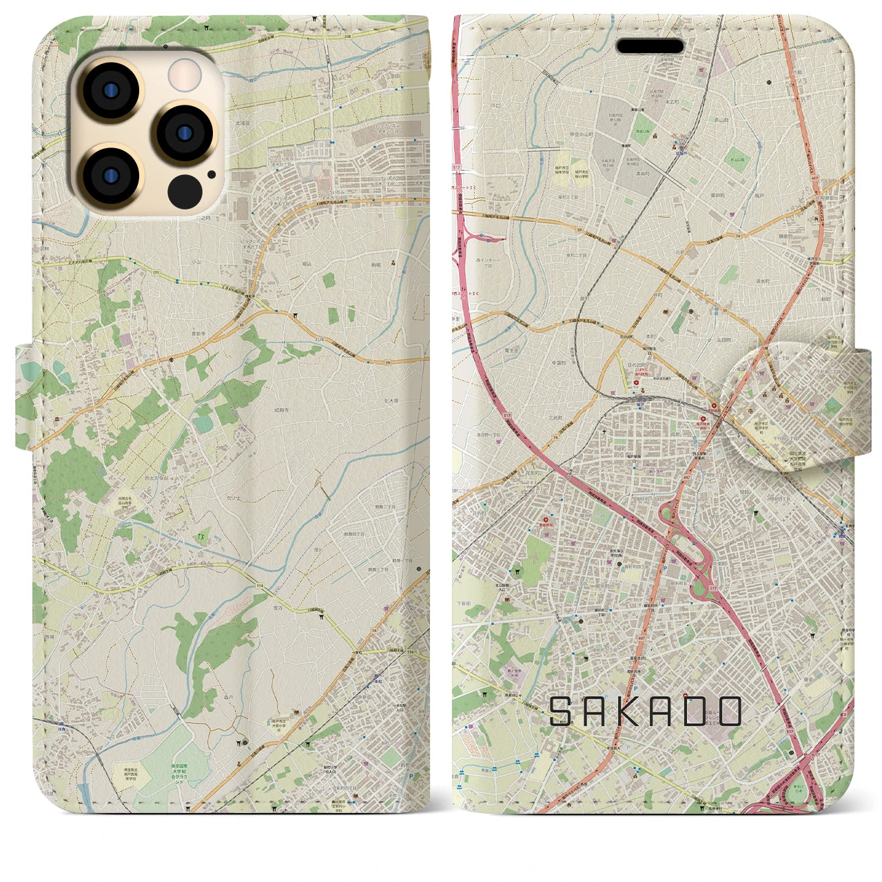 【坂戸(埼玉県)】地図柄iPhoneケース(手帳タイプ)ナチュラル・iPhone 12 Pro Max 用