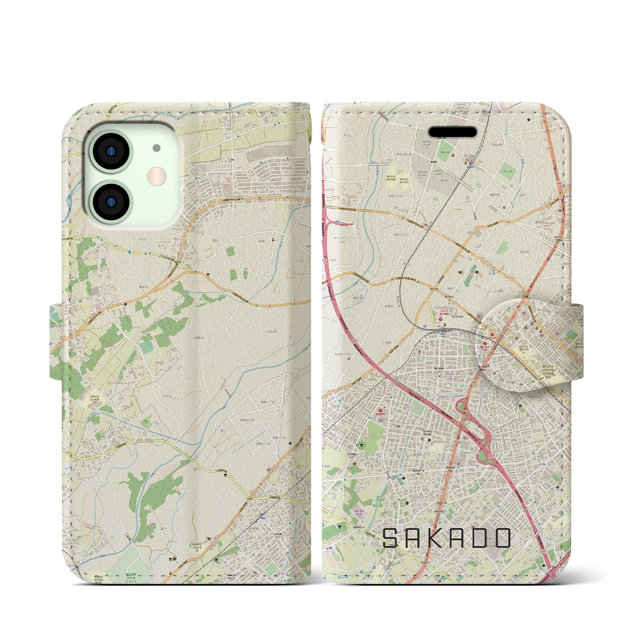 【坂戸(埼玉県)】地図柄iPhoneケース(手帳タイプ)ナチュラル・iPhone 12 mini 用