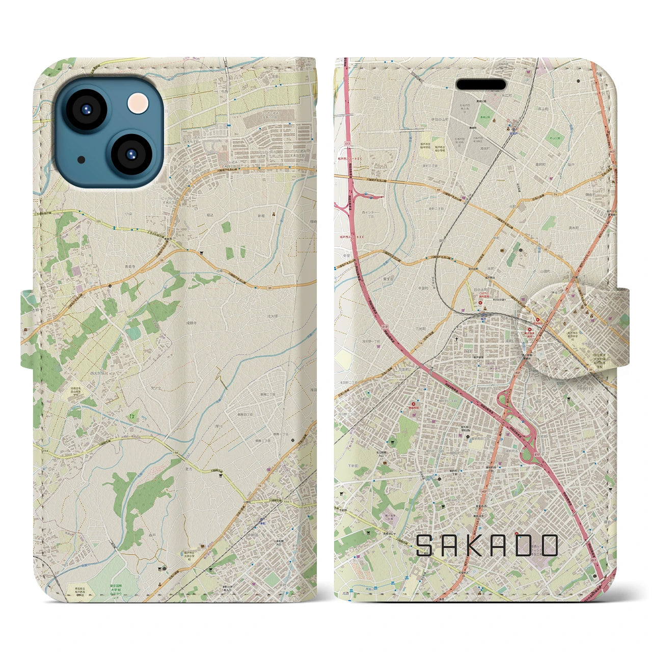 【坂戸(埼玉県)】地図柄iPhoneケース(手帳タイプ)ナチュラル・iPhone 13 用