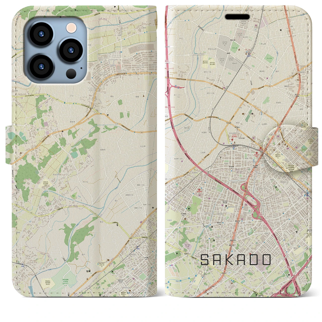 【坂戸(埼玉県)】地図柄iPhoneケース(手帳タイプ)ナチュラル・iPhone 13 Pro Max 用