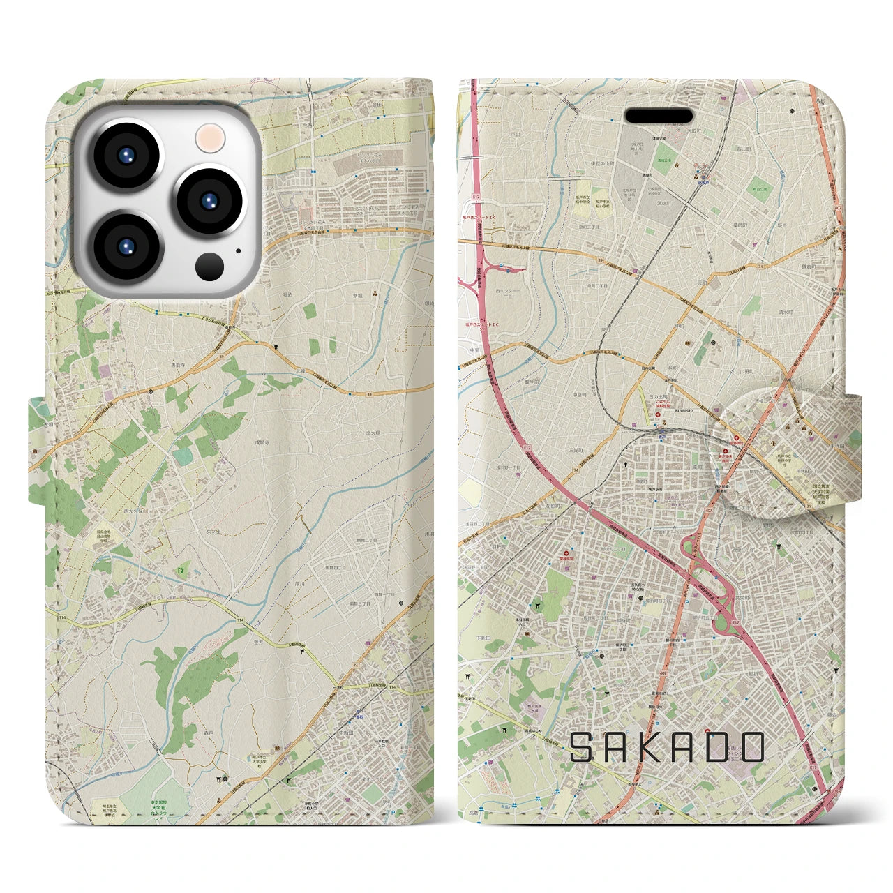 【坂戸(埼玉県)】地図柄iPhoneケース(手帳タイプ)ナチュラル・iPhone 13 Pro 用