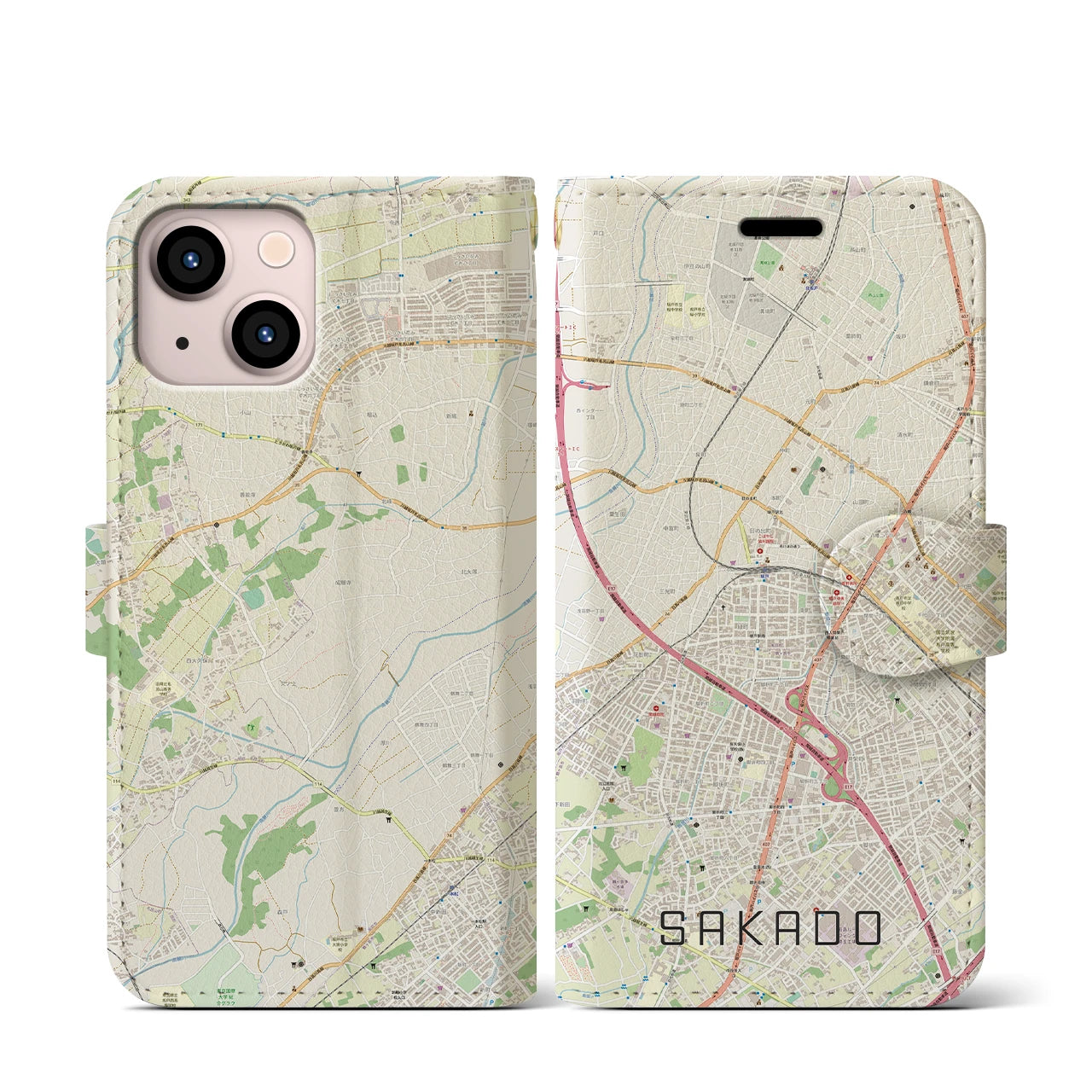 【坂戸(埼玉県)】地図柄iPhoneケース(手帳タイプ)ナチュラル・iPhone 13 mini 用
