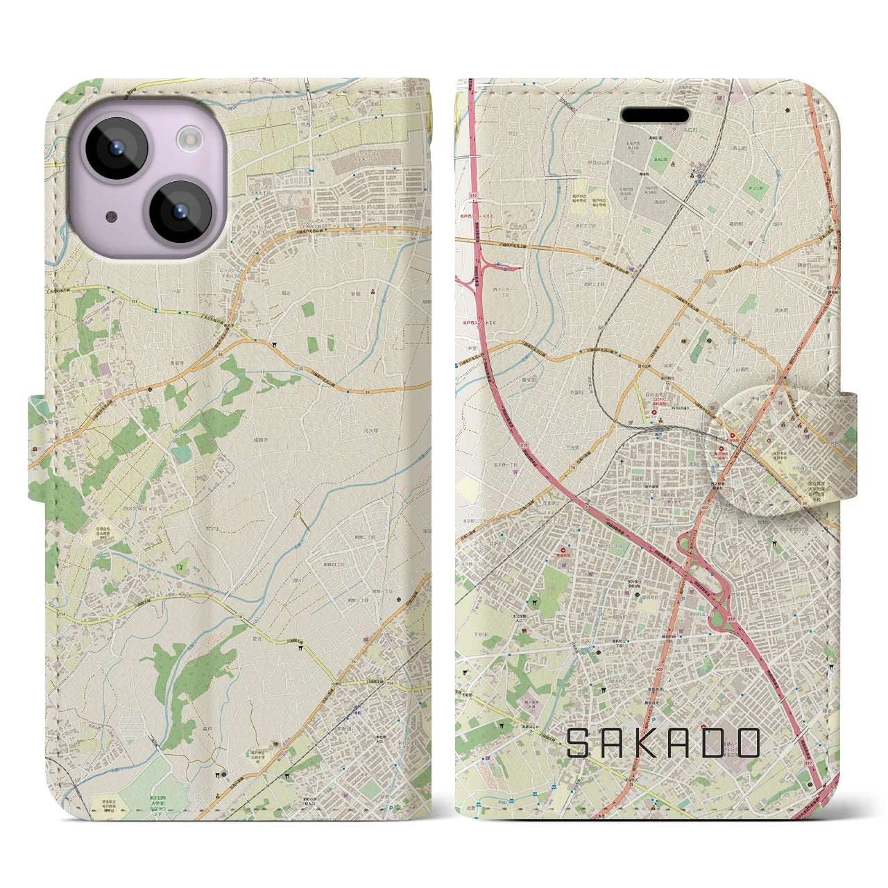 【坂戸(埼玉県)】地図柄iPhoneケース(手帳タイプ)ナチュラル・iPhone 14 用