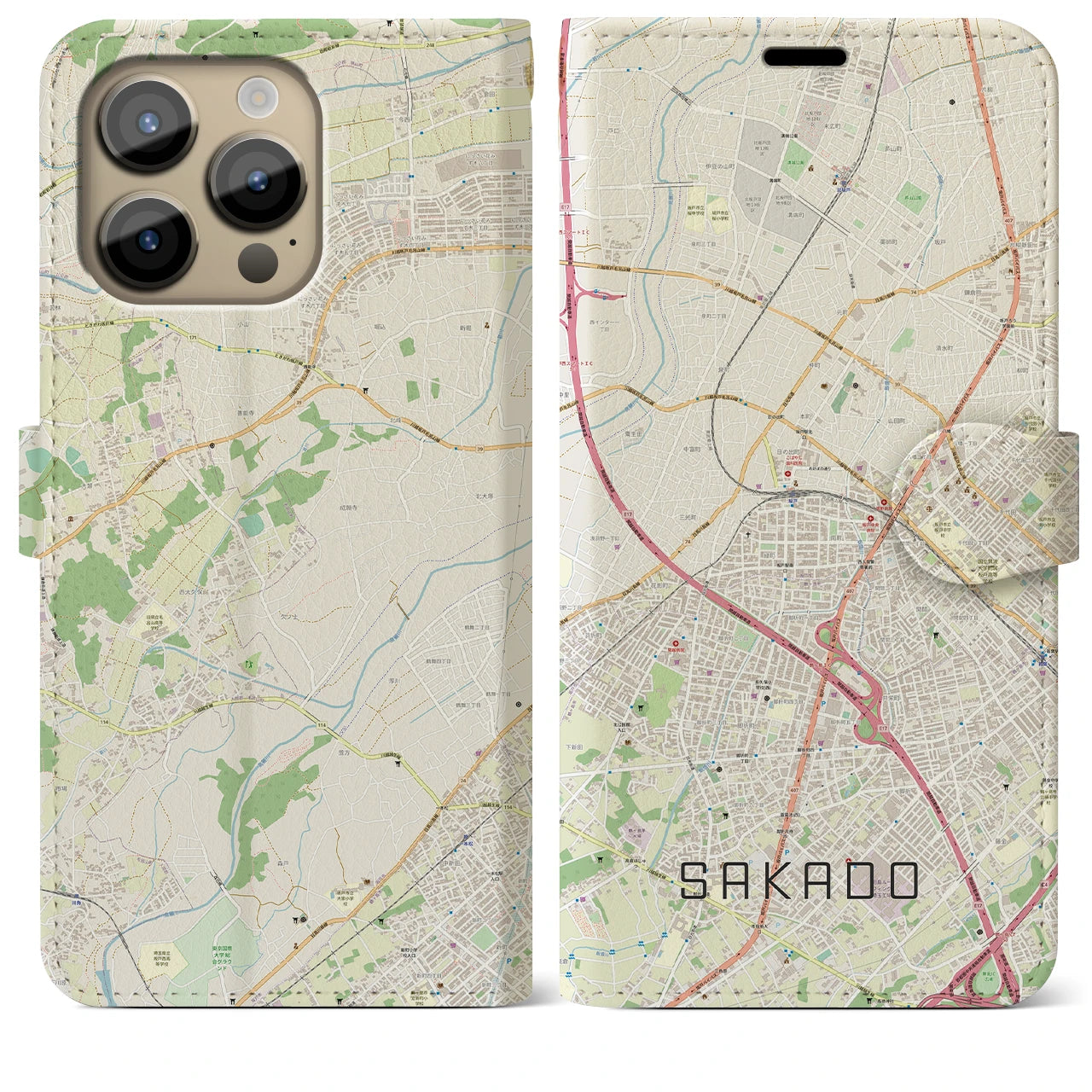 【坂戸(埼玉県)】地図柄iPhoneケース(手帳タイプ)ナチュラル・iPhone 14 Pro Max 用