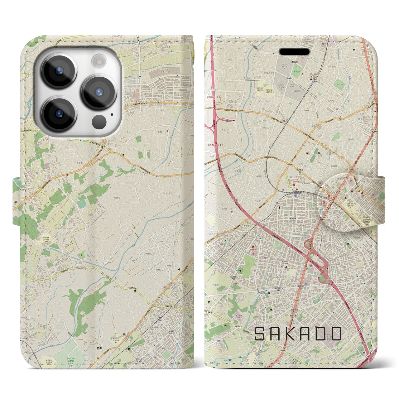 【坂戸(埼玉県)】地図柄iPhoneケース(手帳タイプ)ナチュラル・iPhone 14 Pro 用