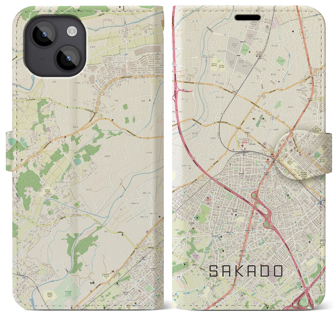 【坂戸(埼玉県)】地図柄iPhoneケース(手帳タイプ)ナチュラル・iPhone 14 Plus 用